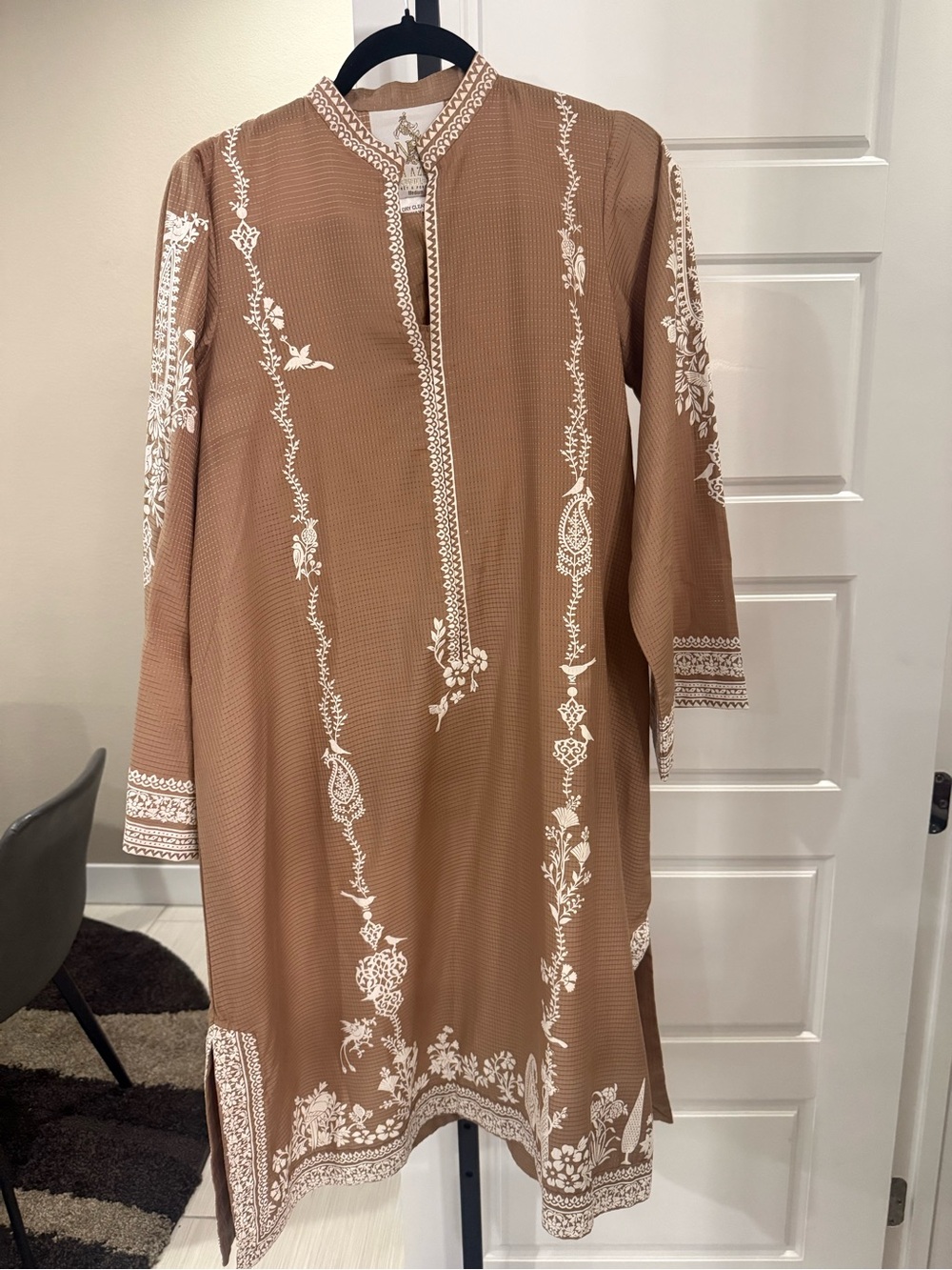 Women's Brown Long Sleeve Embroidered Tunic Dress